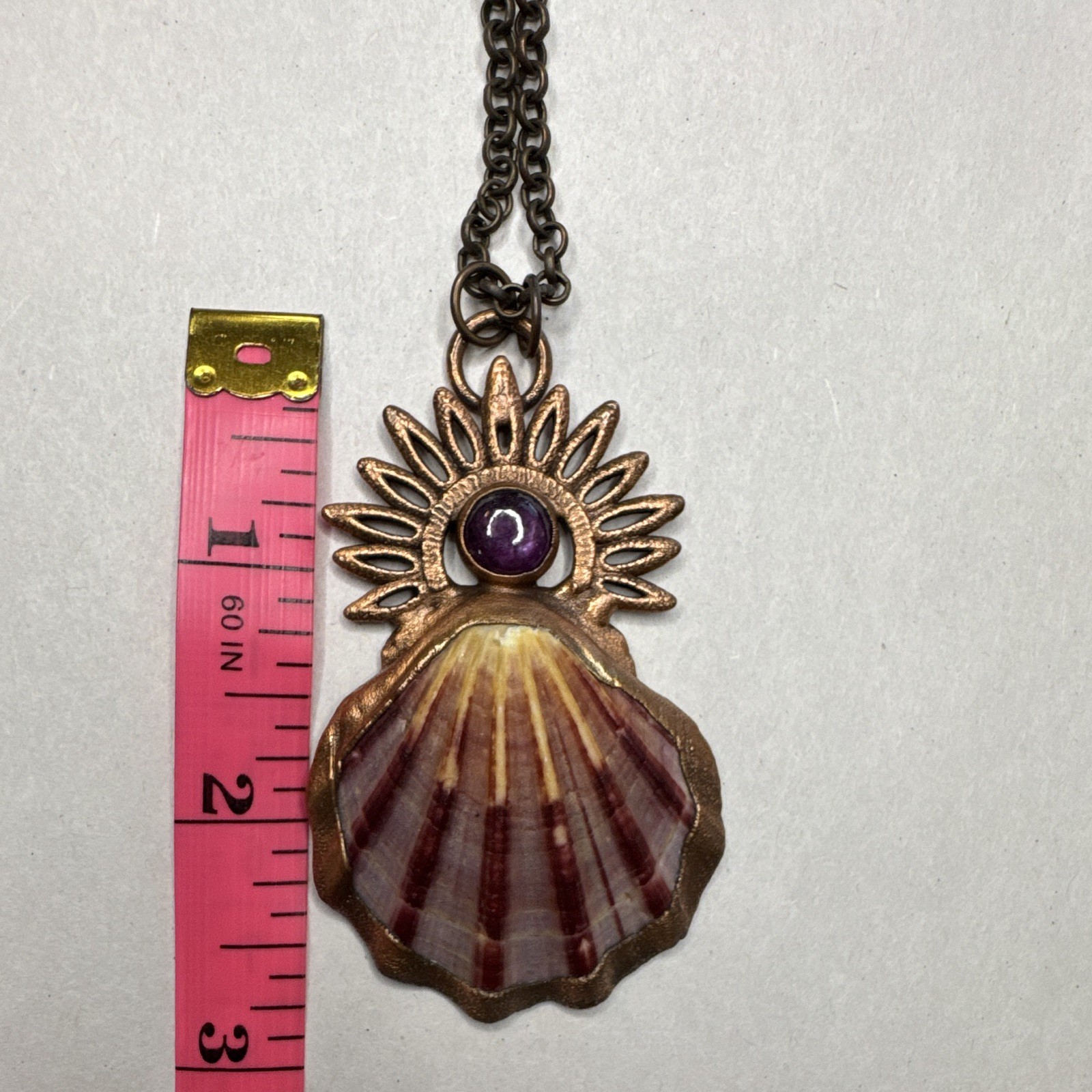 Scallop Shell Charm Pendant Necklace, burgundy Crystal Cabochon, Bronze Tone