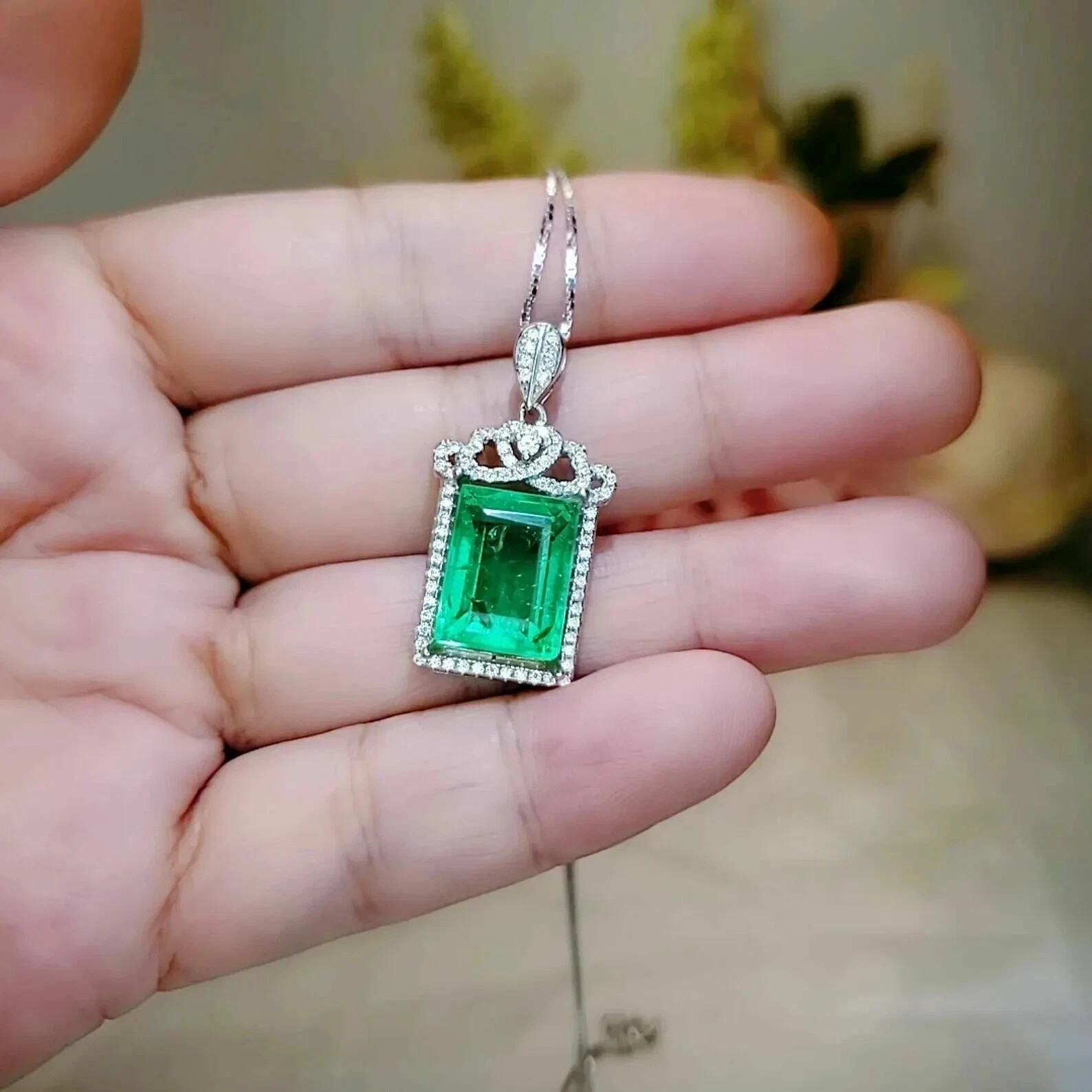 3.68 Ct Emerald Cut Emerald Pendant Wedding Pendant 14k White Gold