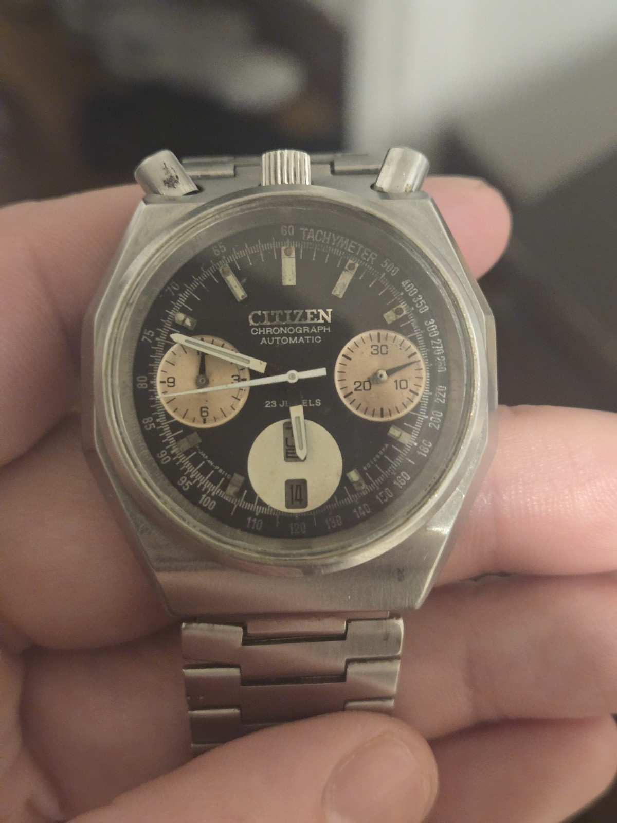 Citizen Bullhead 8110 Automatic Chronograph 23 Jewels Panda Dial. Runs Great