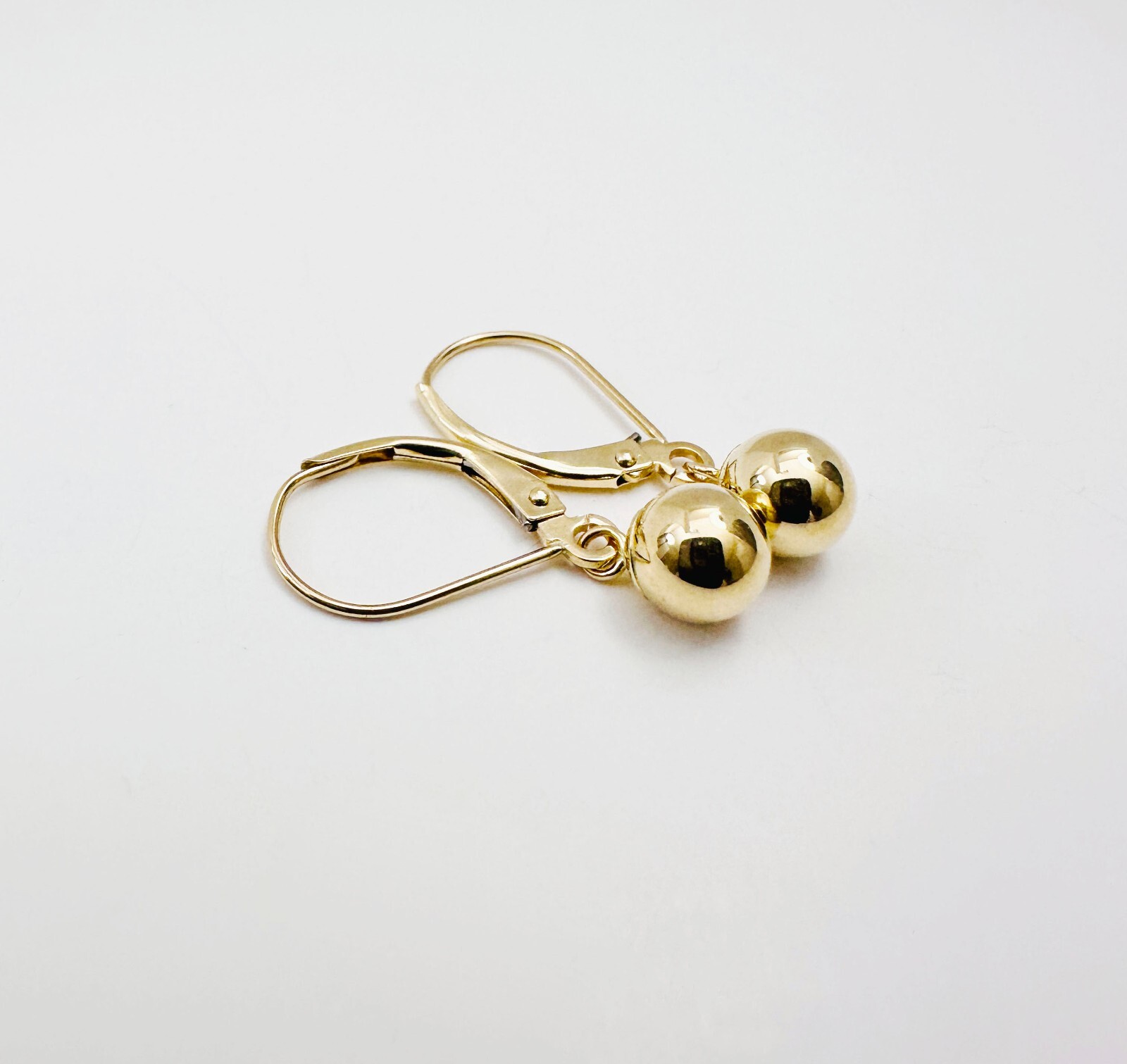 14K Solid Yellow Gold 6mm Ball Bead Drop/Dangle Leverback Earrings 23mm .90″