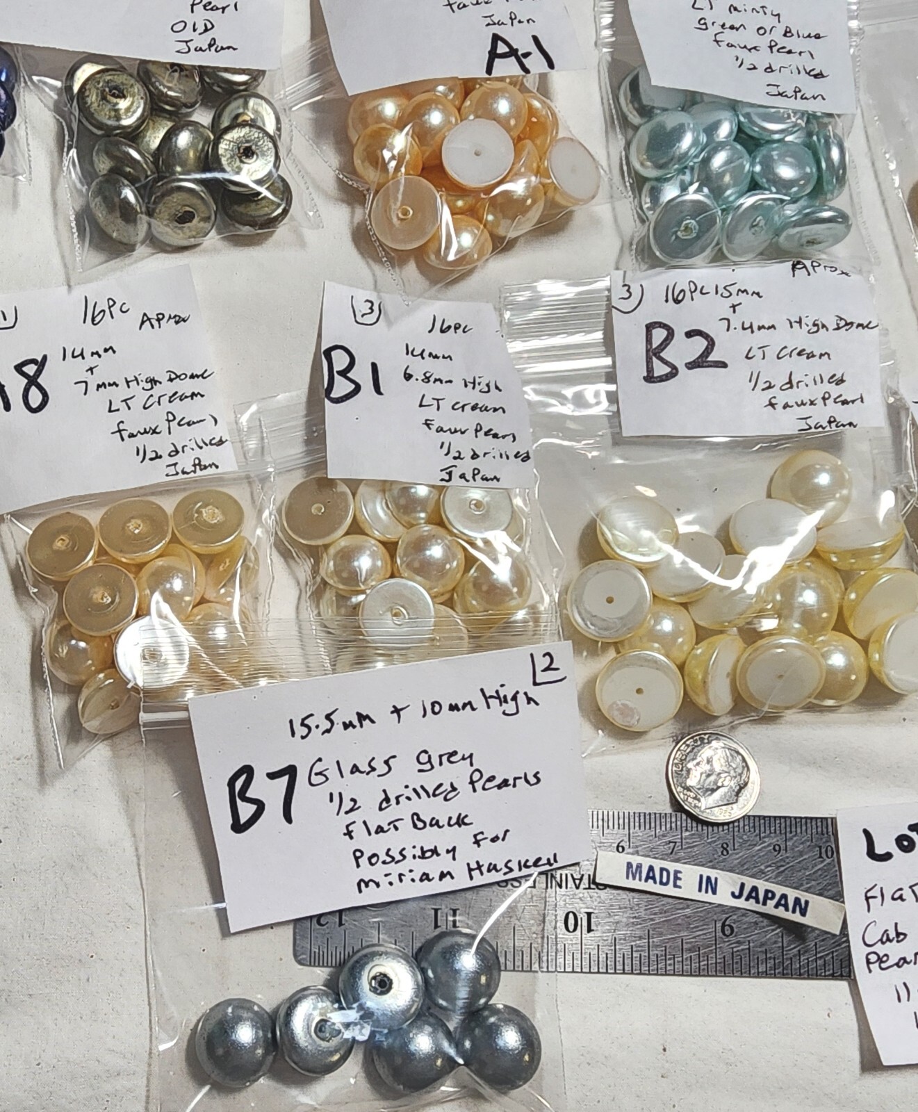 Vtg Japan Flat Rnd Cream White Color Glass Faux Pearl 12, 13, 14, 15, 16mm 5018
