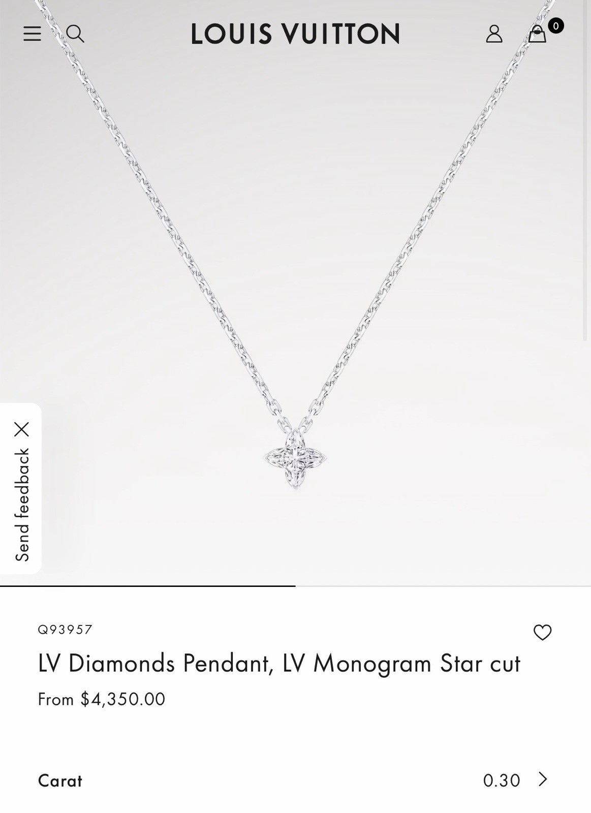 Auth Louis Vuitton Necklace Diamond 0.3ct LV Monogram Star-cut 18K 16” ~ 3.1 Gr