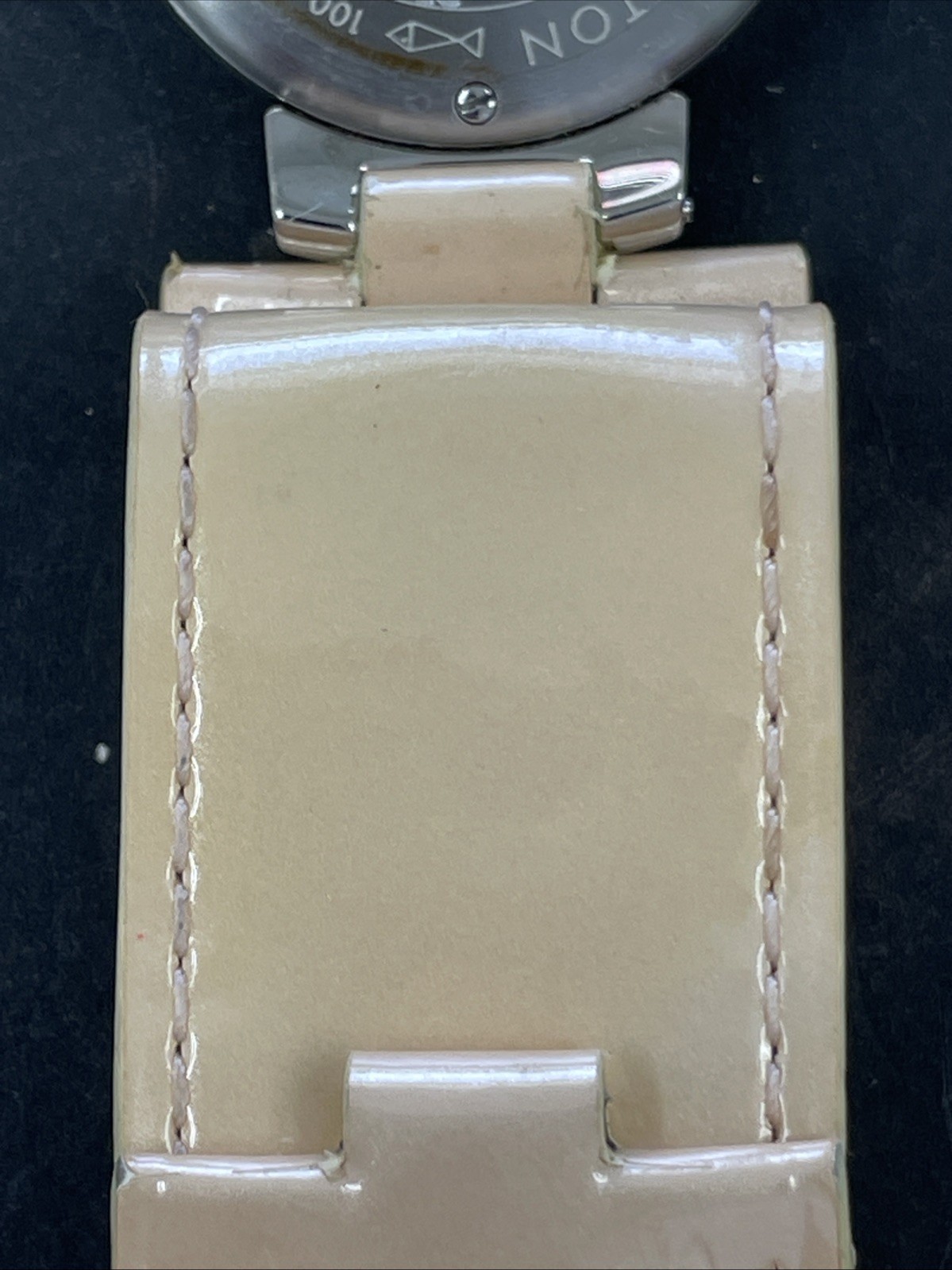 Louis Vuitton Tambour Q1216 Beige Pink Leather Steel Womens Wrist Watch