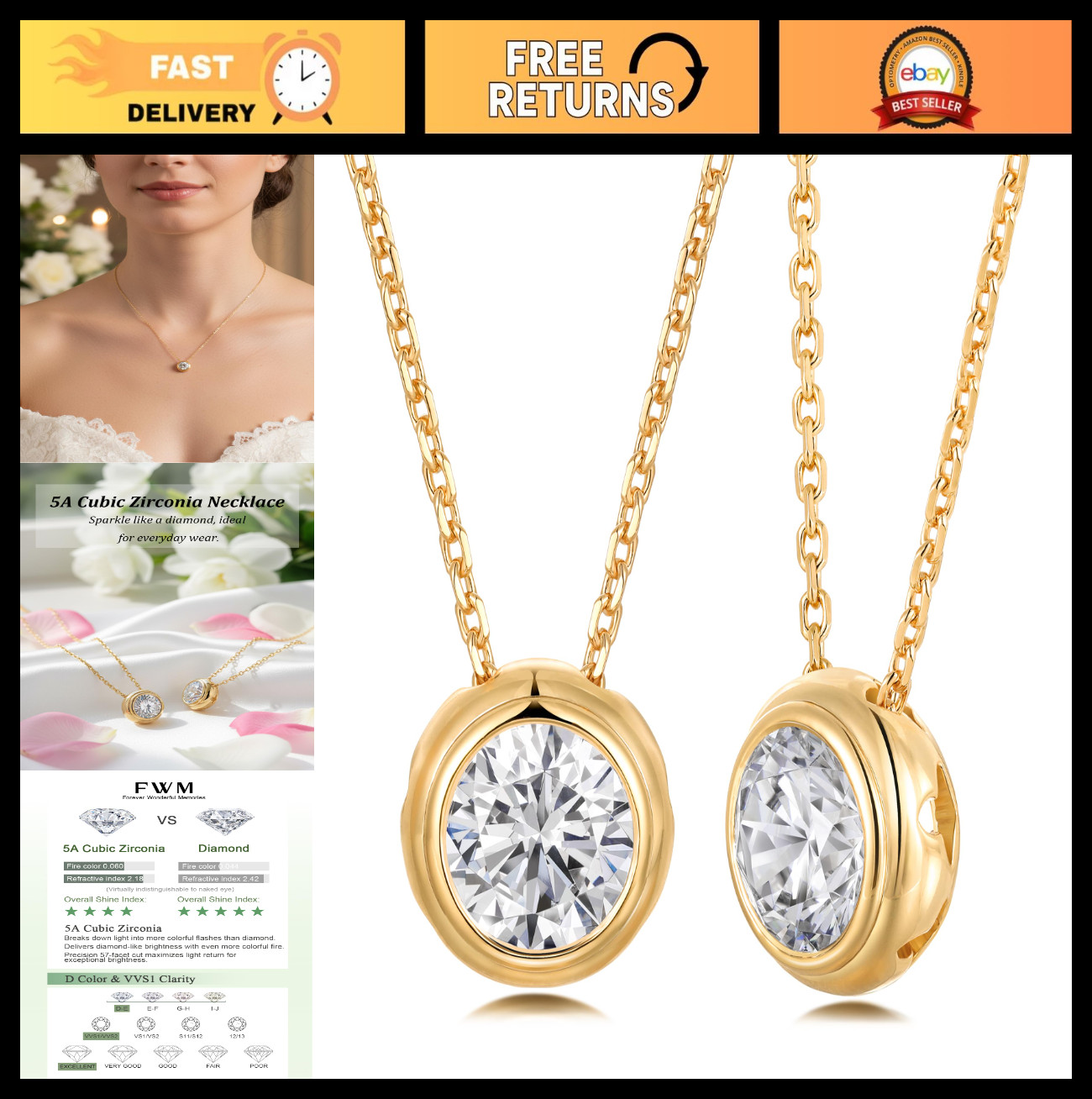 5A Cubic Zirconia Simulated Emerald Bezel Necklace for Women, Adjustable Chain 1