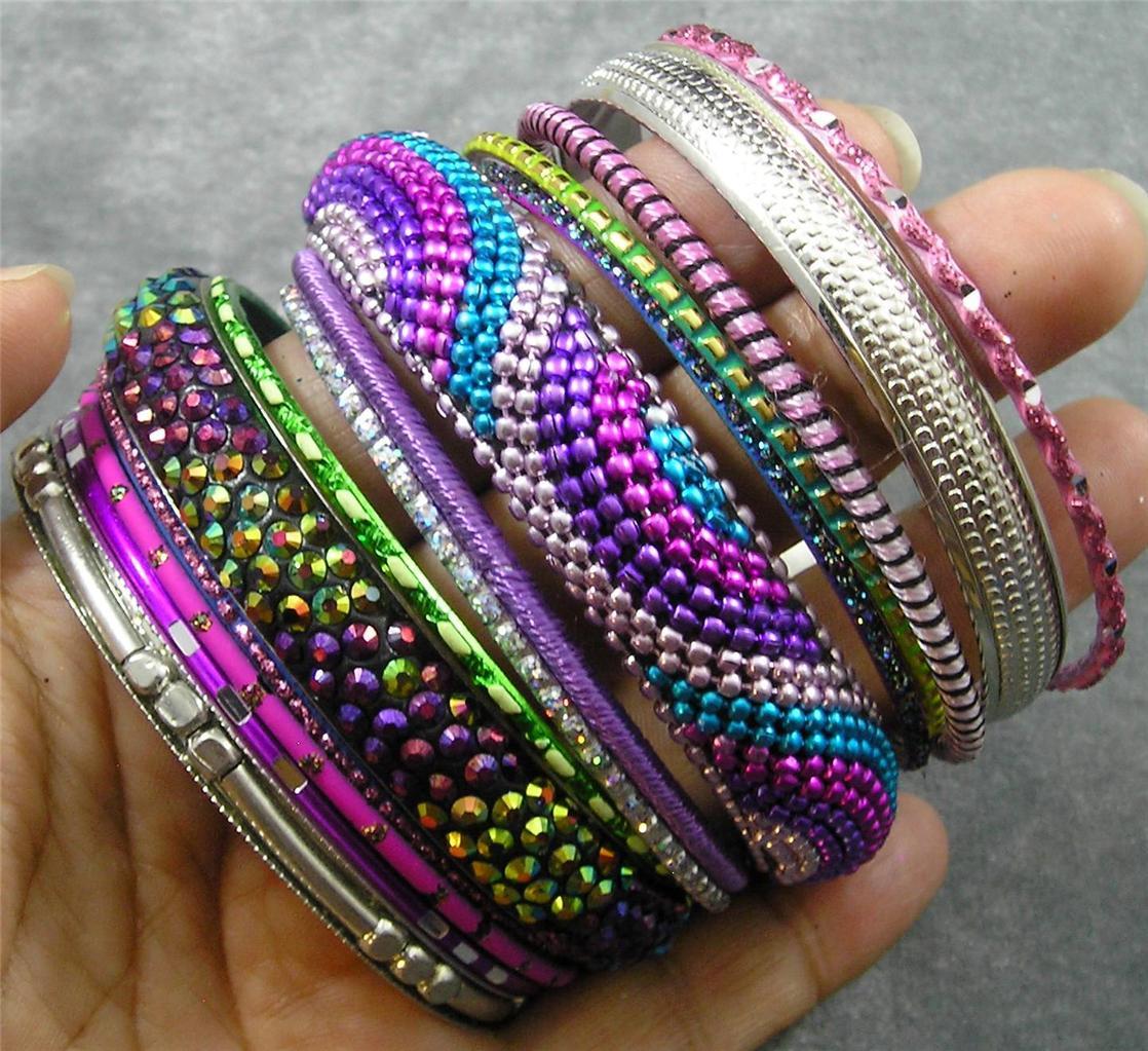 BOHO Resin Crystal Steel Aluminum Brass Polyester Rainbow 14 Bangle Bracelet Set