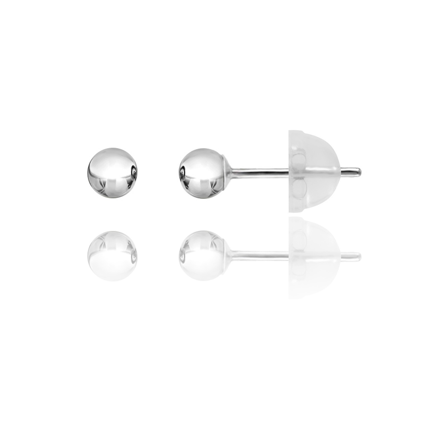 14KT White Gold Ball Stud Earrings 2mm–10mm Silicone Push Back