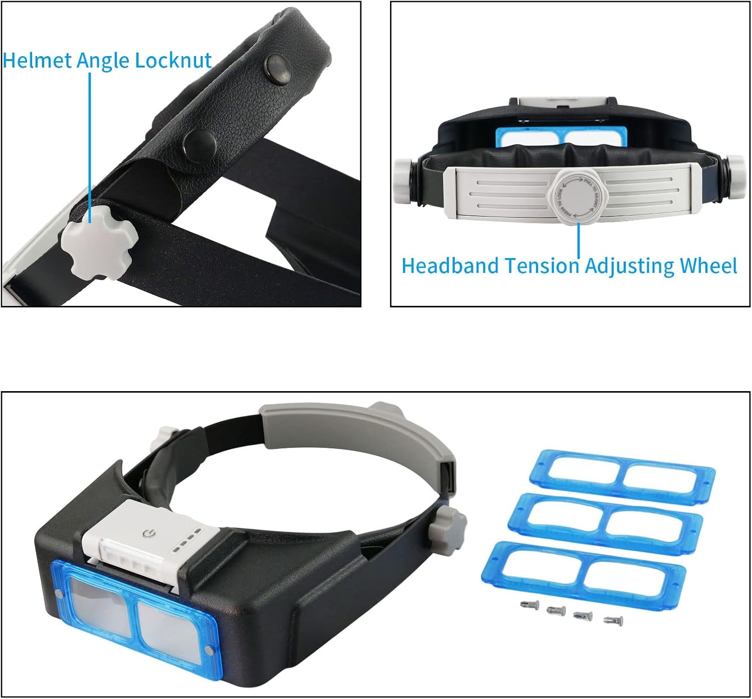 Rechargeable Head-Mounted Magnifier with LED Light, Headband Double Lens Illumin