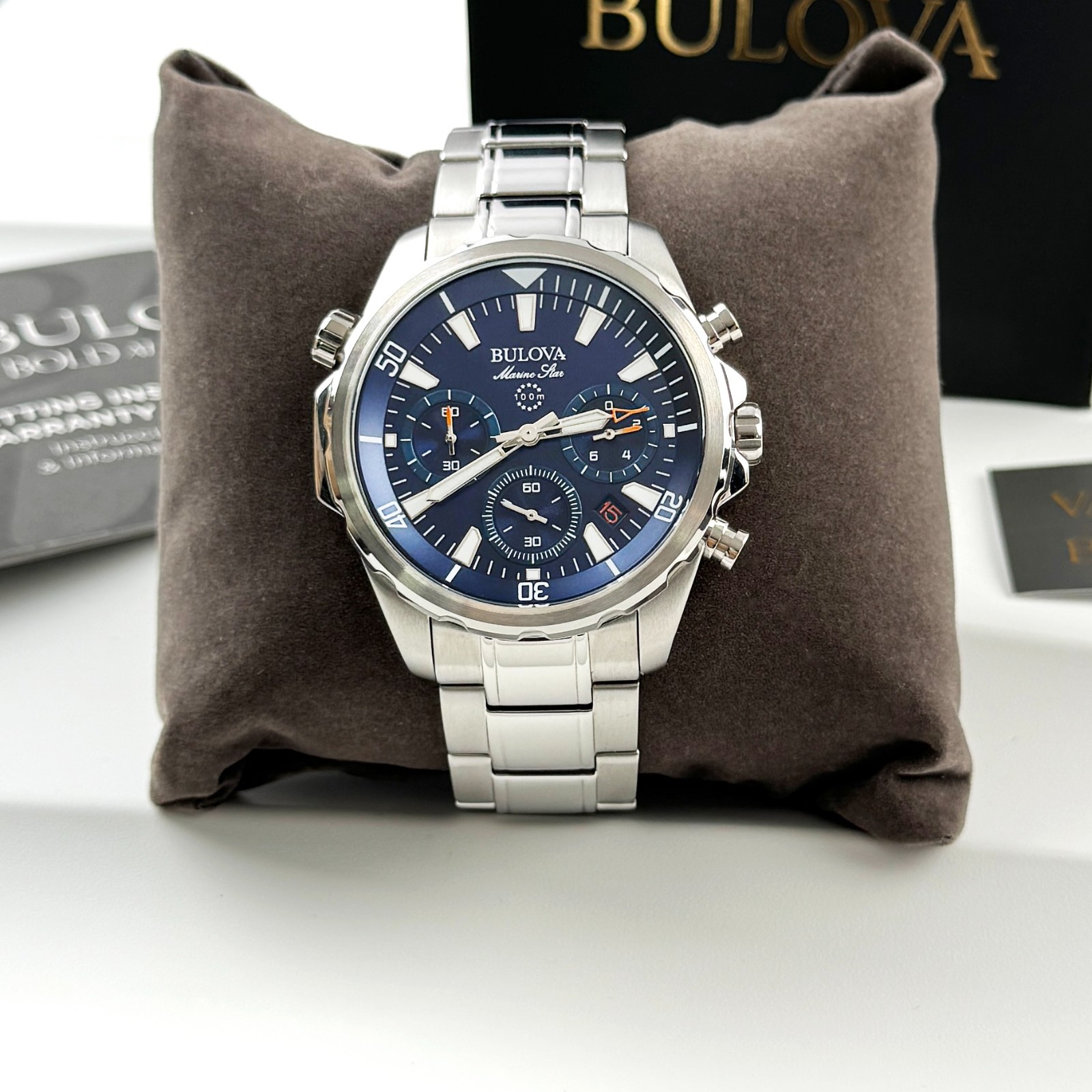 Bulova Men’s New 96B256 Marine Star Chronograph Watch Blue Dial 43mm