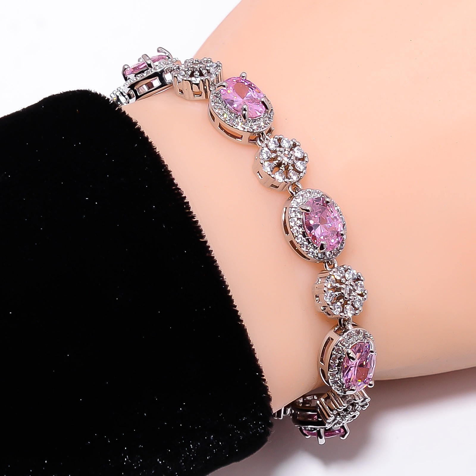 Pink Sapphire -Simulated, CZ 925 Sterling Silver Adjustable Bracelet 7-8″ B7825