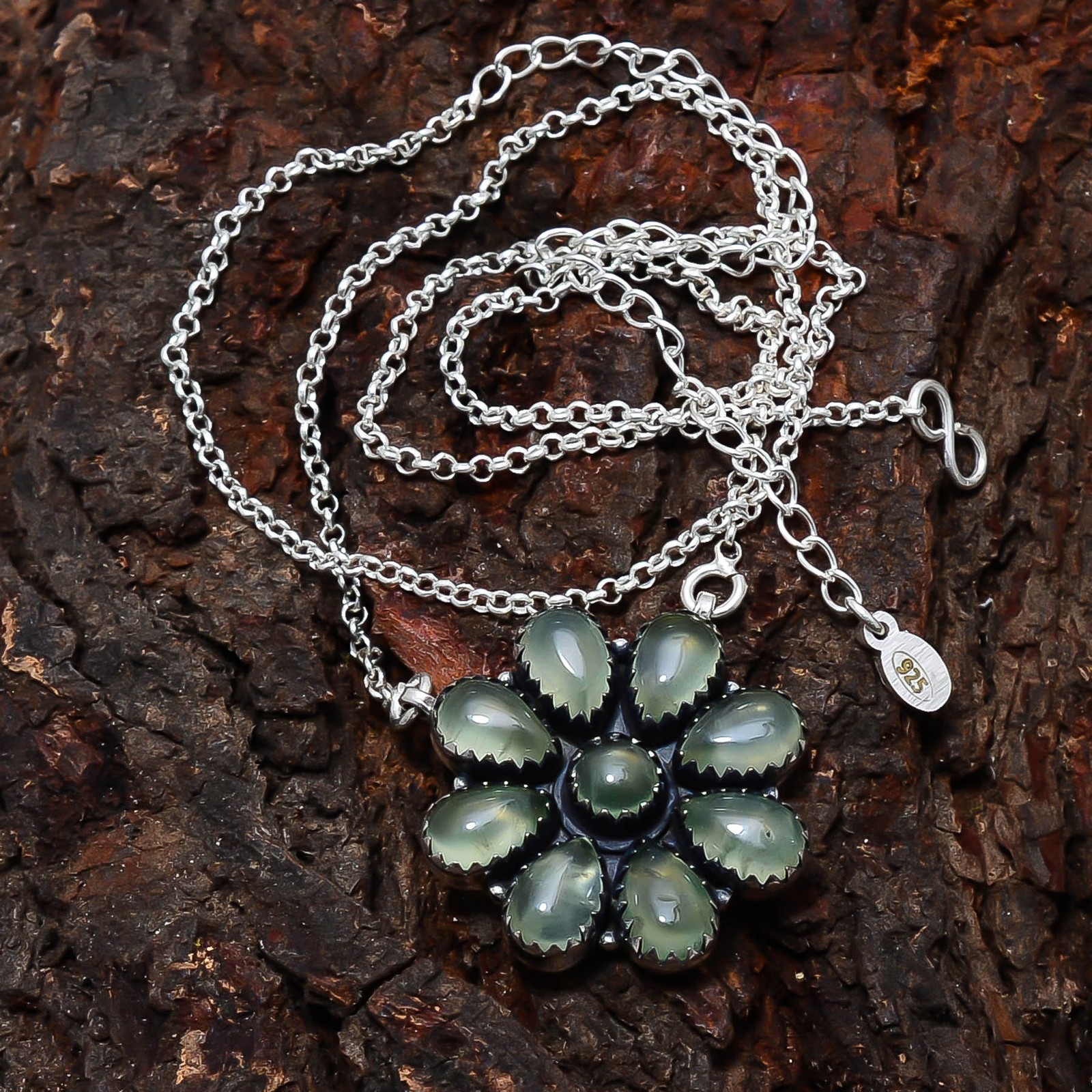 Prehnite – South Africa 925 Sterling Silver Cluster Flower Necklace 19-23″ CP4