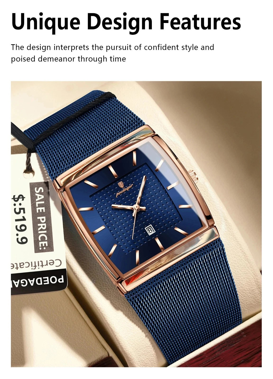 Luxury Men’s Watch Rectangle Steel Mesh Waterproof Luminous Date Quartz