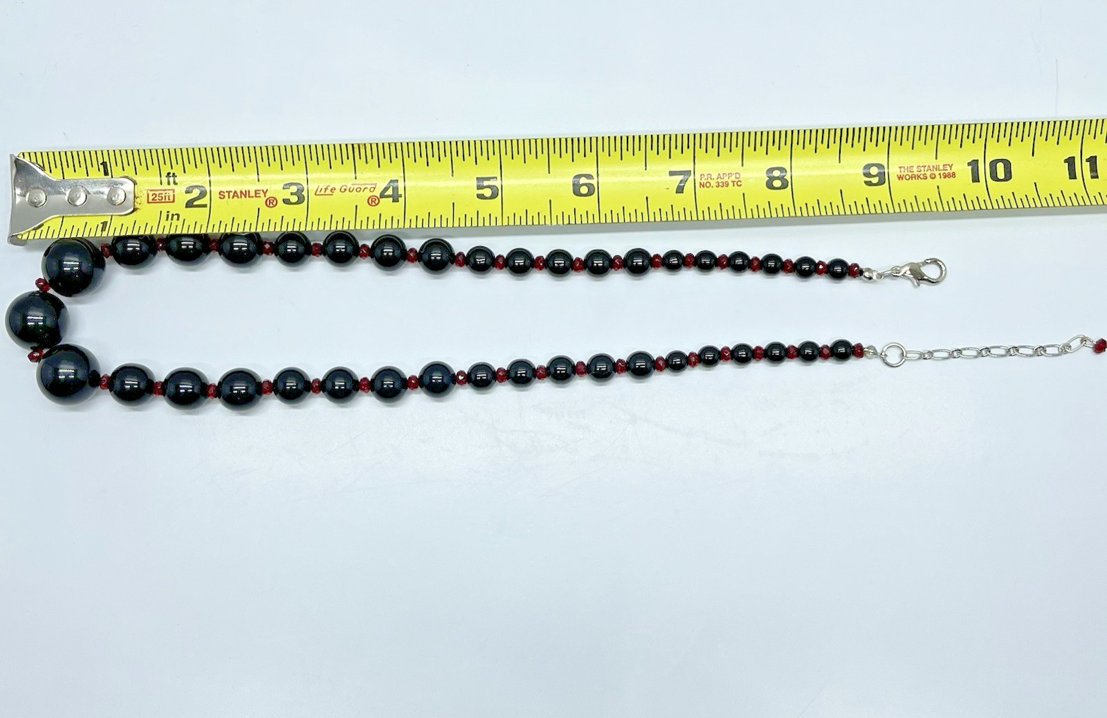 Gothic Black Beaded Necklace Graduated Bead Ruby Red Crystal Spacer Silver Tone