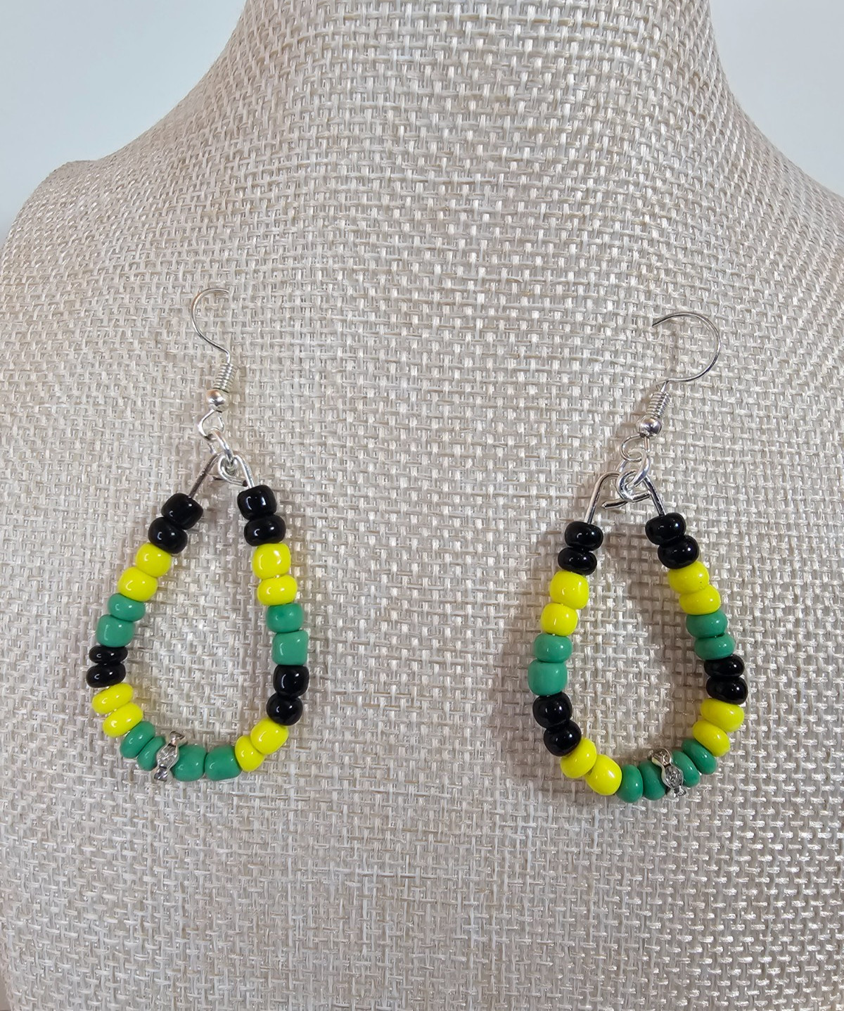 Jamaica Flag Insp Green Black Yellow Seed Beaded Loop Earrings