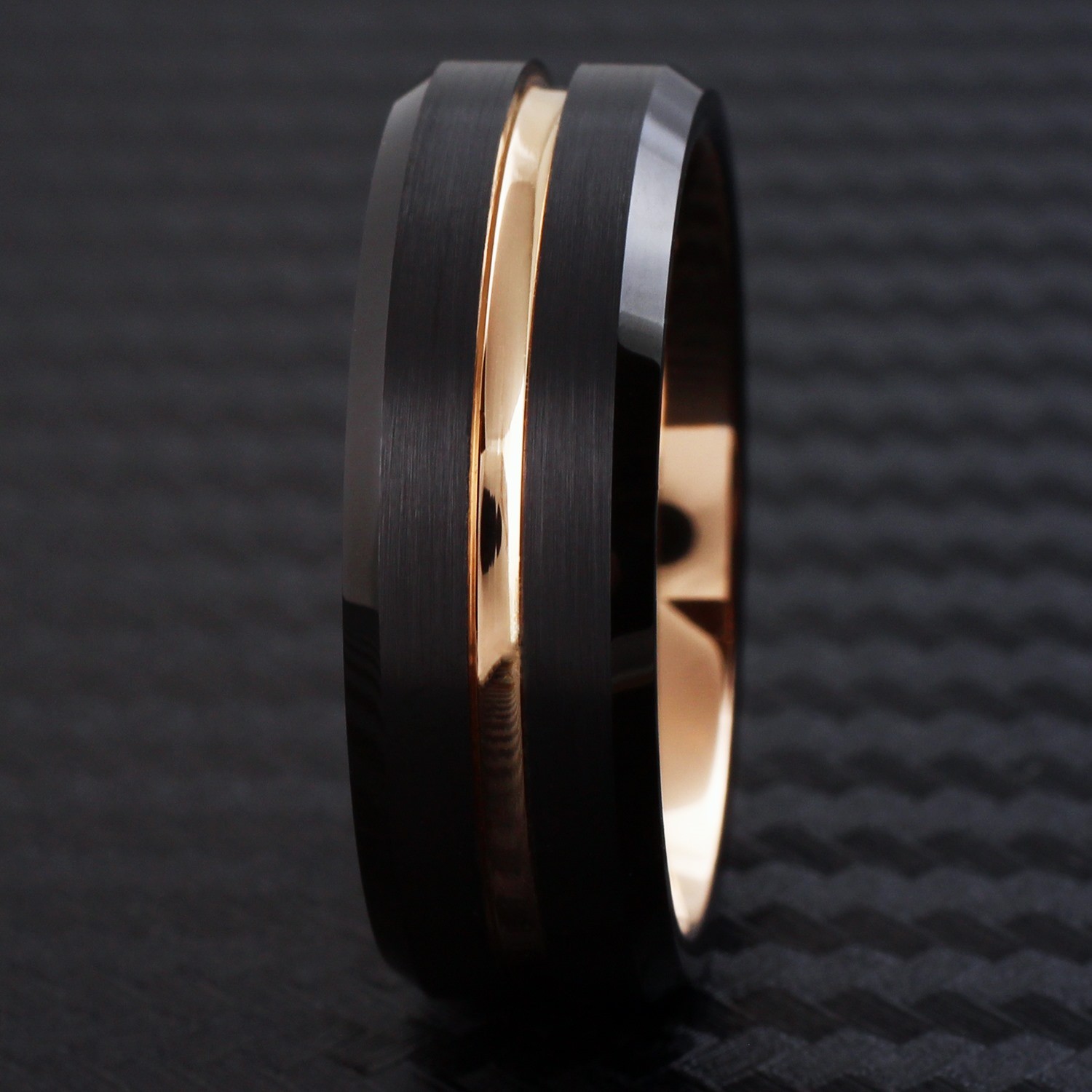 Engraved 8mm Men’s Black Brushed Tungsten Carbide Rose Gold Plated Band Ring
