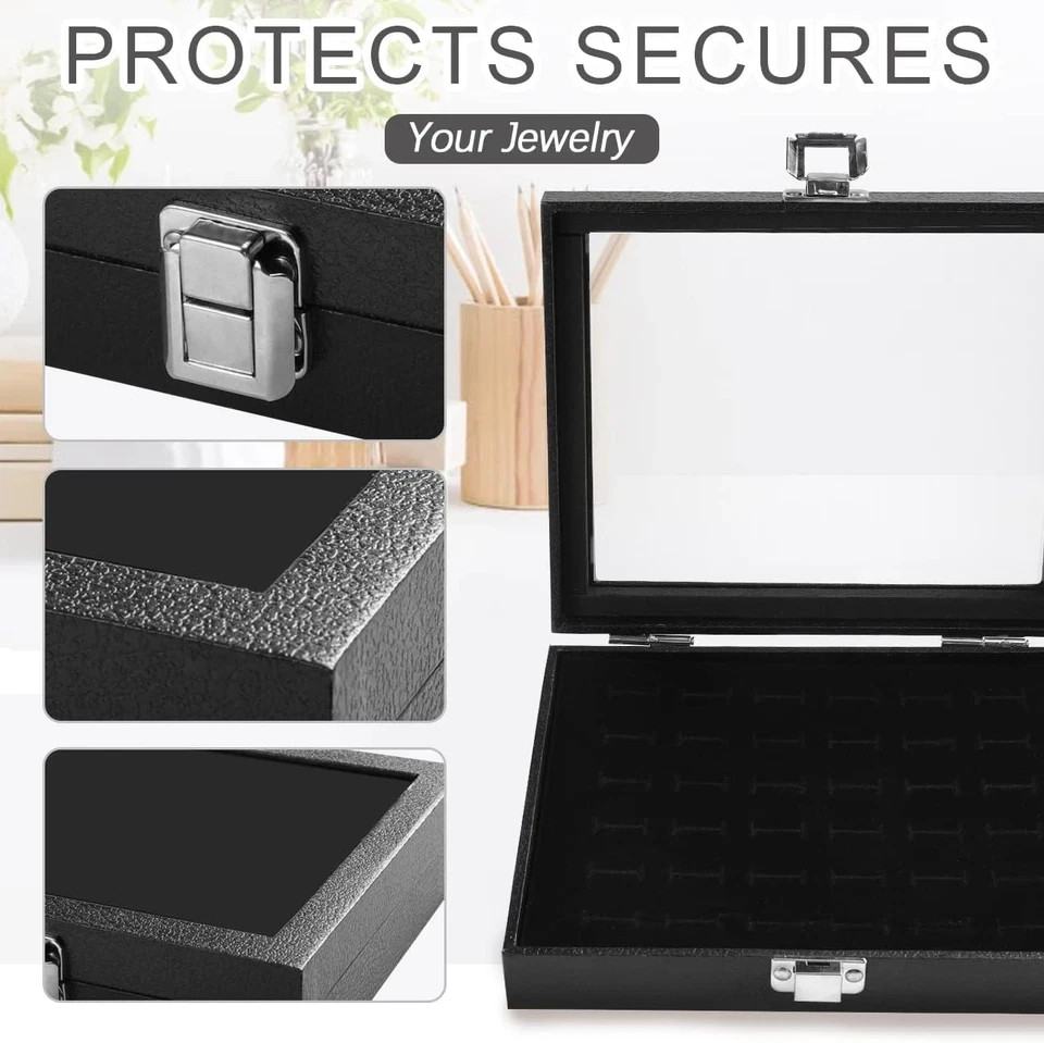 Jewelry Rings Storage Organizer Case, Black Wooden Velvet Glass Ring Storage Box