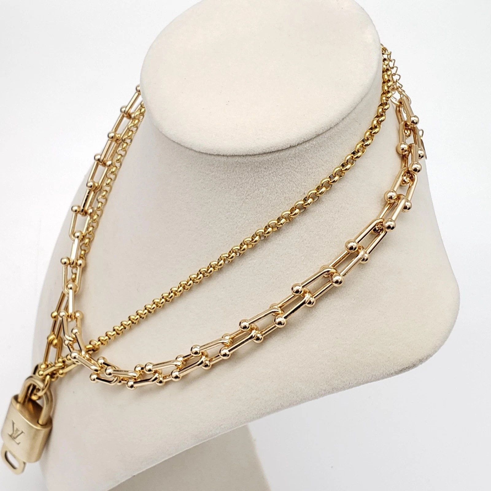 2 Stainless Gold Plated Necklace With Authentic Louis Vuitton Gold Lock Pendant