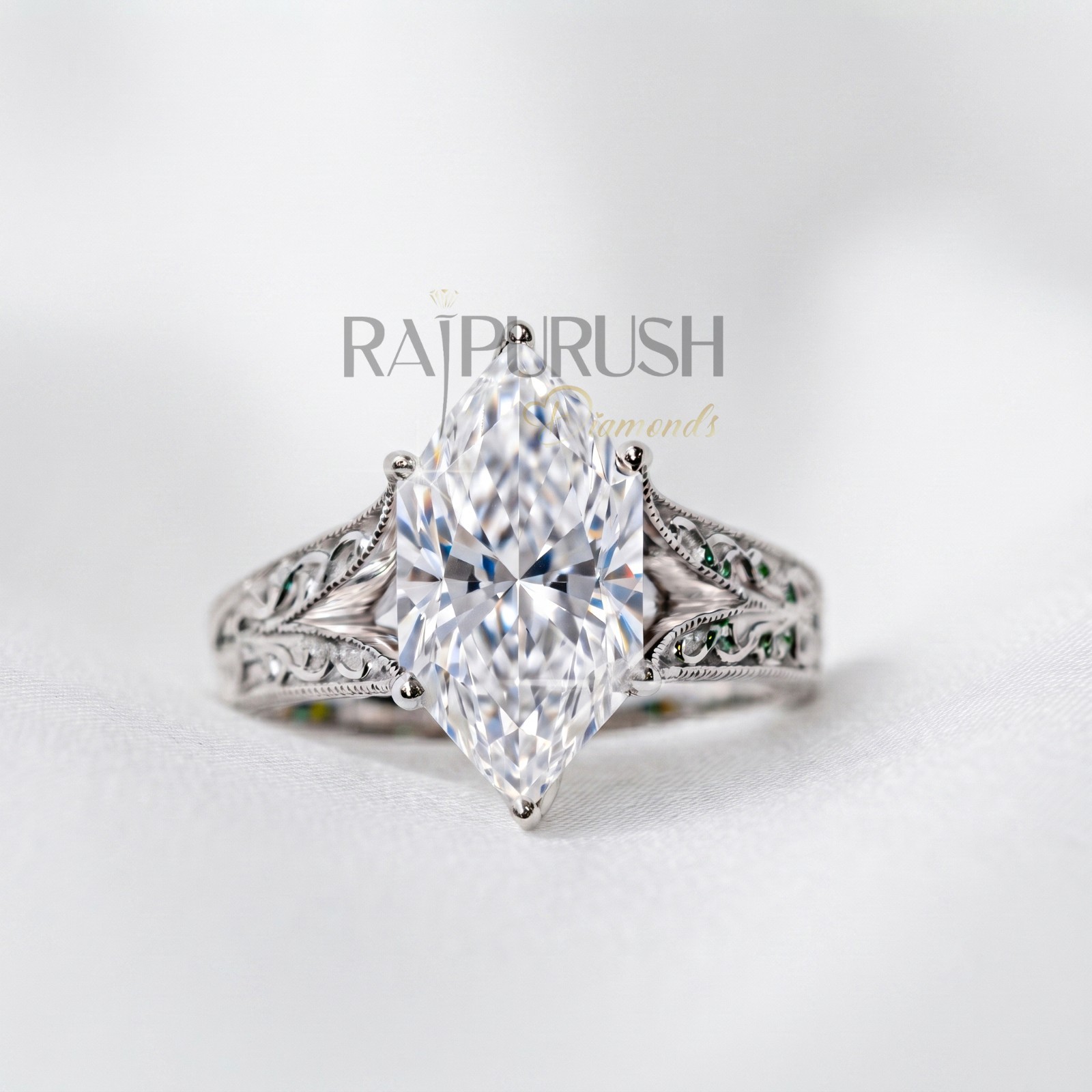 Marquise Cut Moissanite Art Deco Engagement Ring 925 Sterling Silver Bridal Band
