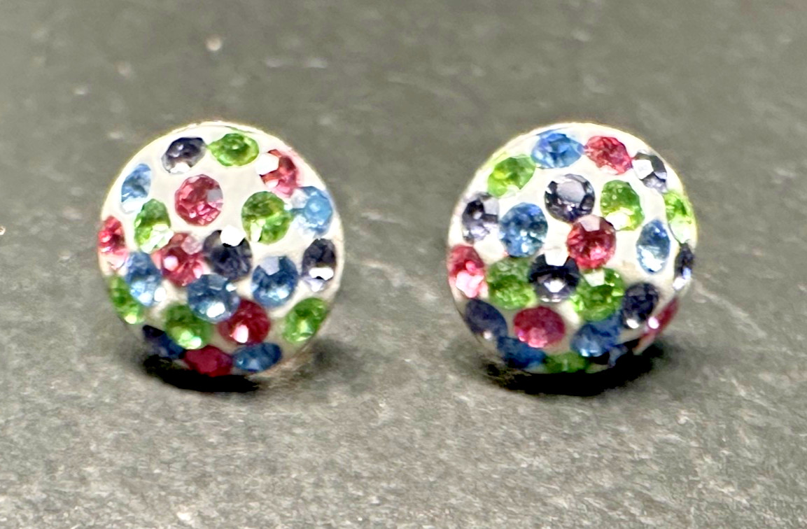 PAIR OF STERLING SILVER BLUE, PINK, GREEN, PURPLE SPARKLING STUD EARRINGS H377