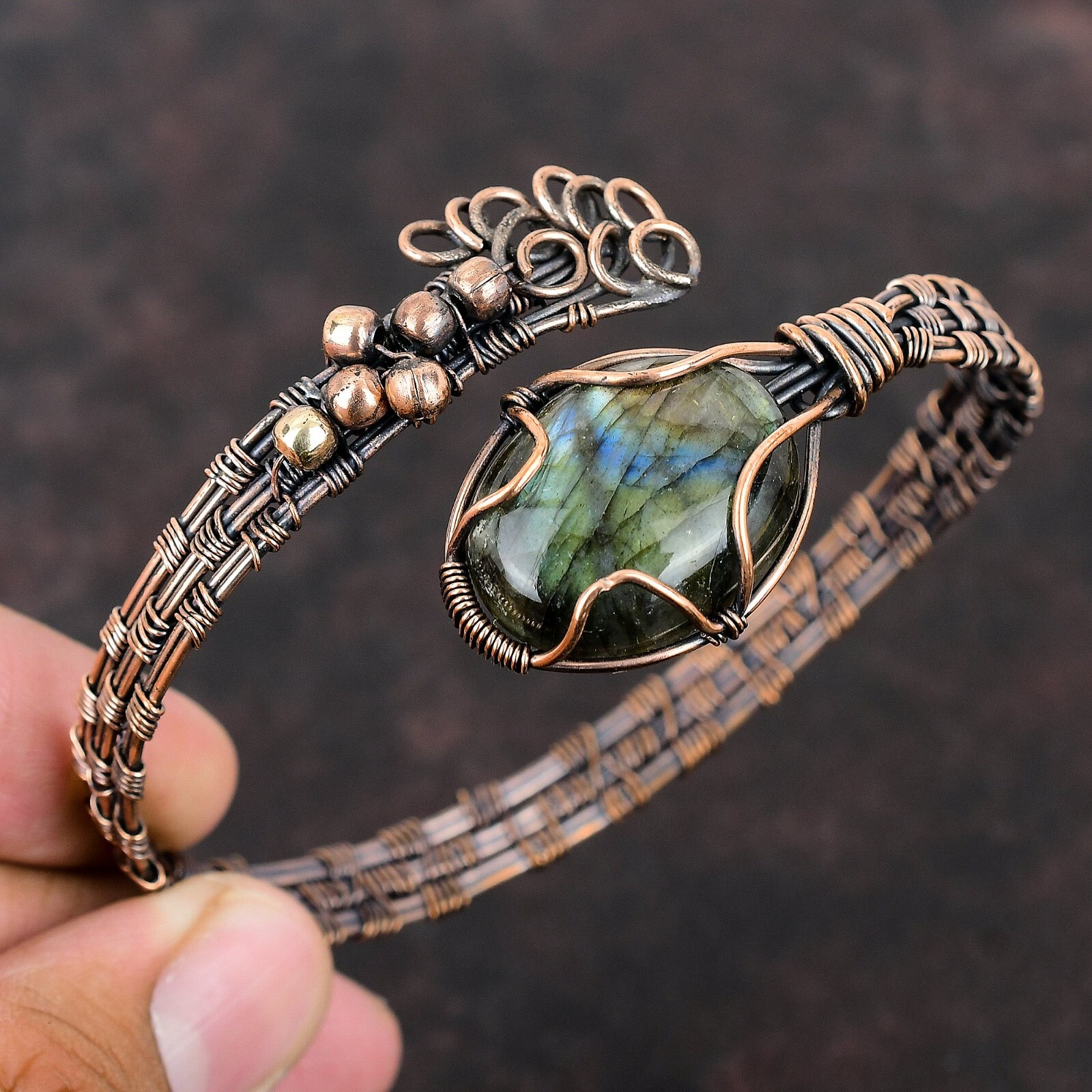 Labradorite Copper Gift For Bridesmaid Wire Wrapped Adjustable Bangle