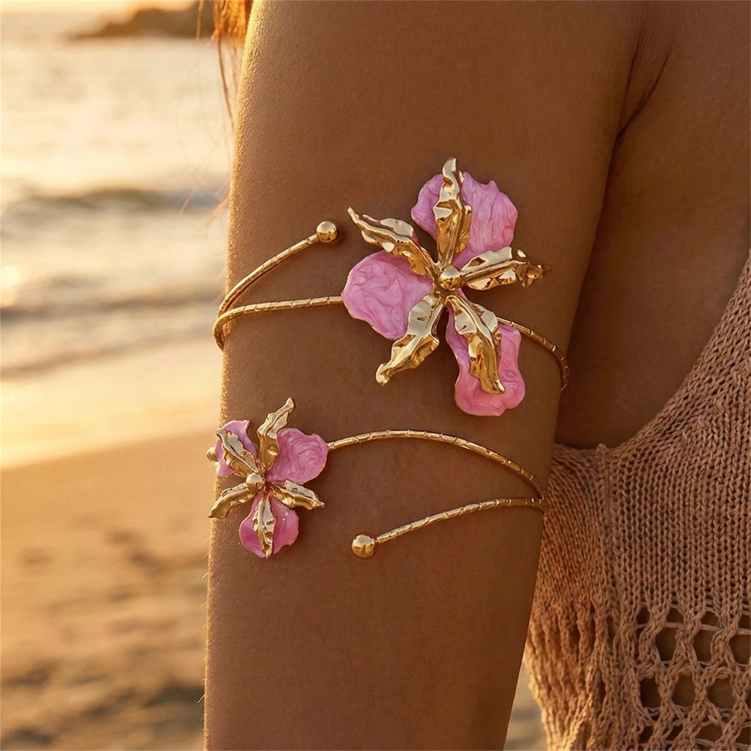 Adjustable Open Flower Bracelet Women Bangle Cuff Arm Jewelry Vintage Style