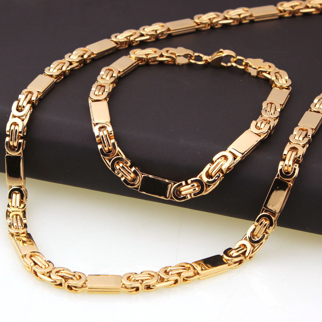 Mens Chain Stainless Steel 18K Gold Tone Byzantine Link Necklace Bracelet Set
