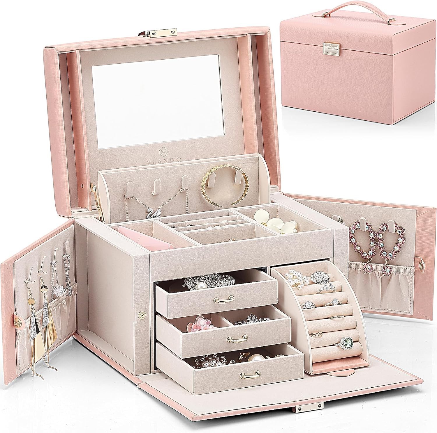 Stunning Pink Jewelry Organizer with Mirror and 3 Drawers – for Elegant Storage
