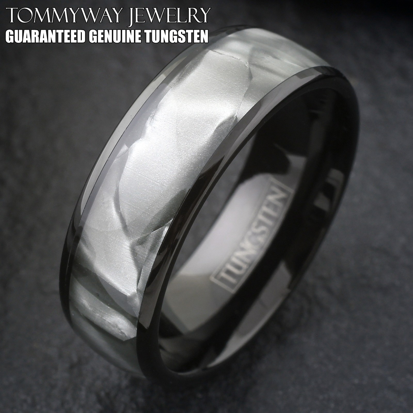 CLOSEOUT! Black Tungsten Carbide Men’s Faux White Shell Wedding Band Ring