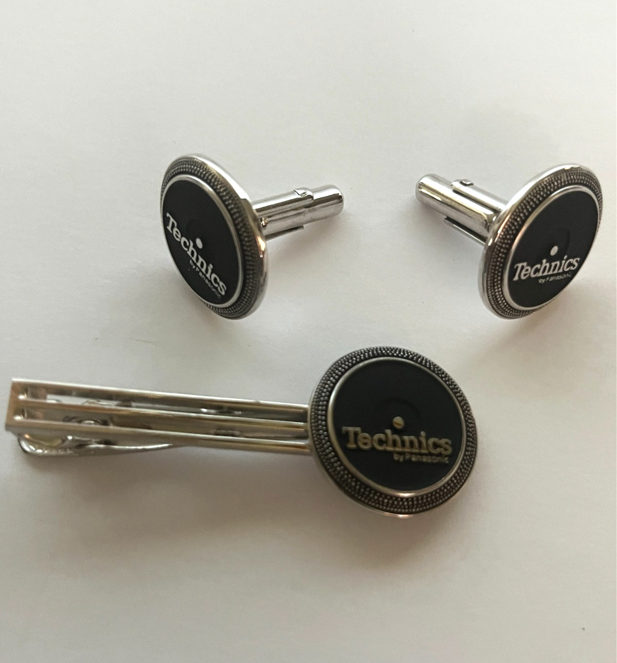 Rare Panasonic Technics silver tone/black cuff links and tie clip made in Japan