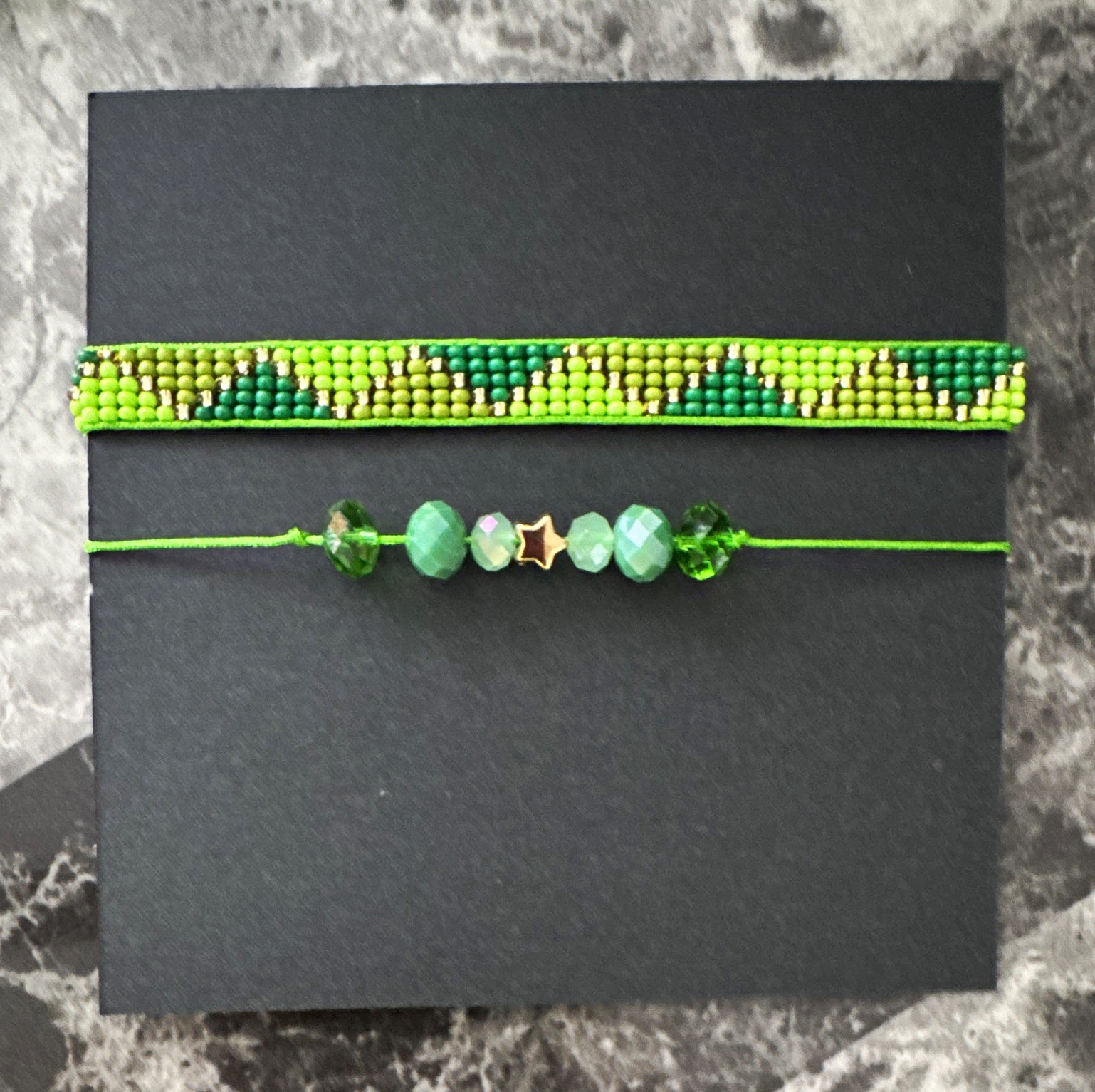 Green Beaded Charm Bracelet Star Dangle Adjustable Cord Unisex Adults
