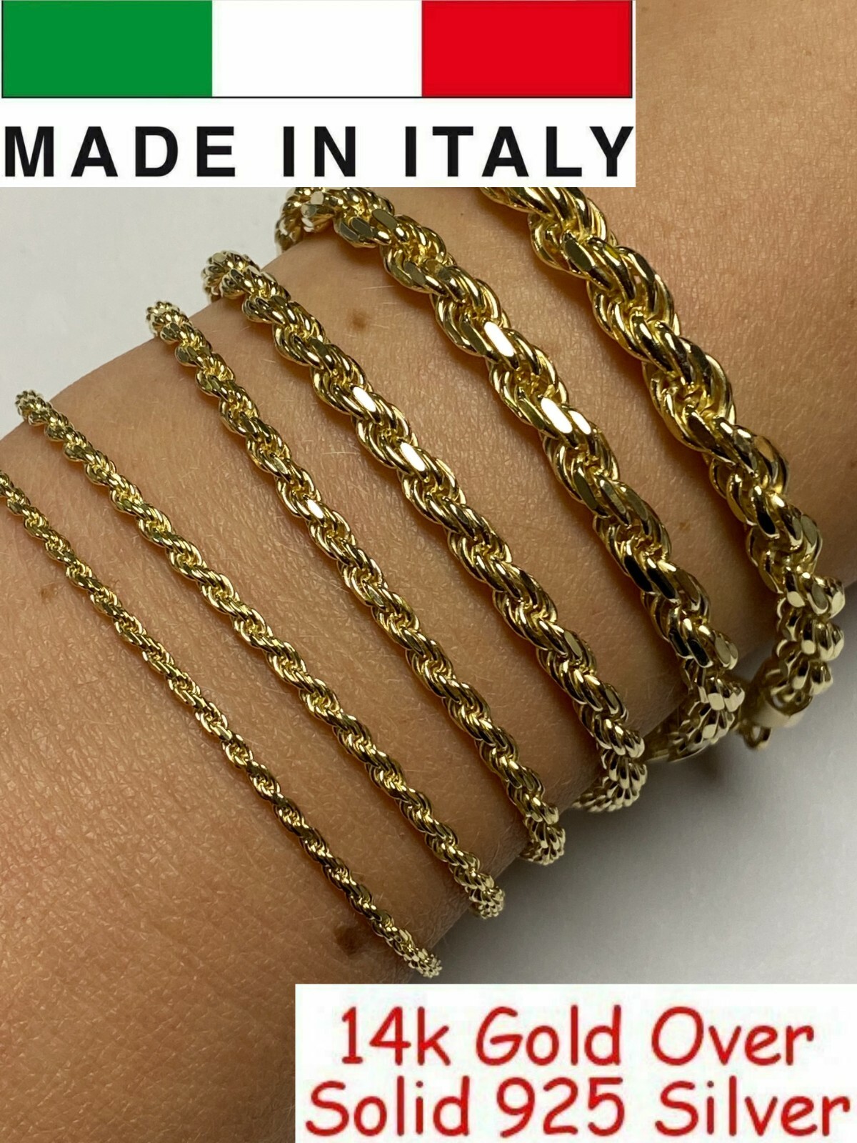 Men’s Women’s Real 14k Gold Plated Solid 925 Sterling Silver Rope Bracelet 2-6mm
