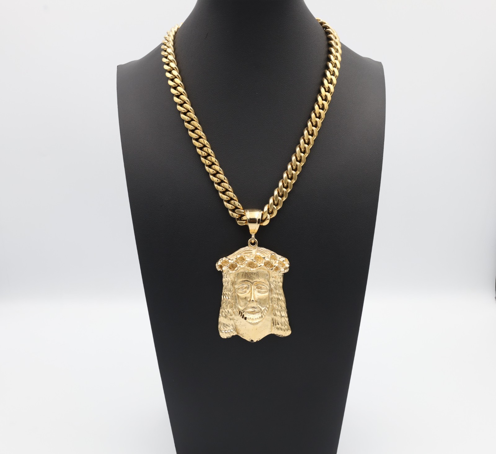 Jumbo Jesus Face Pendant Necklace, 10mm Cuban Chain, Heavy Plated Gold