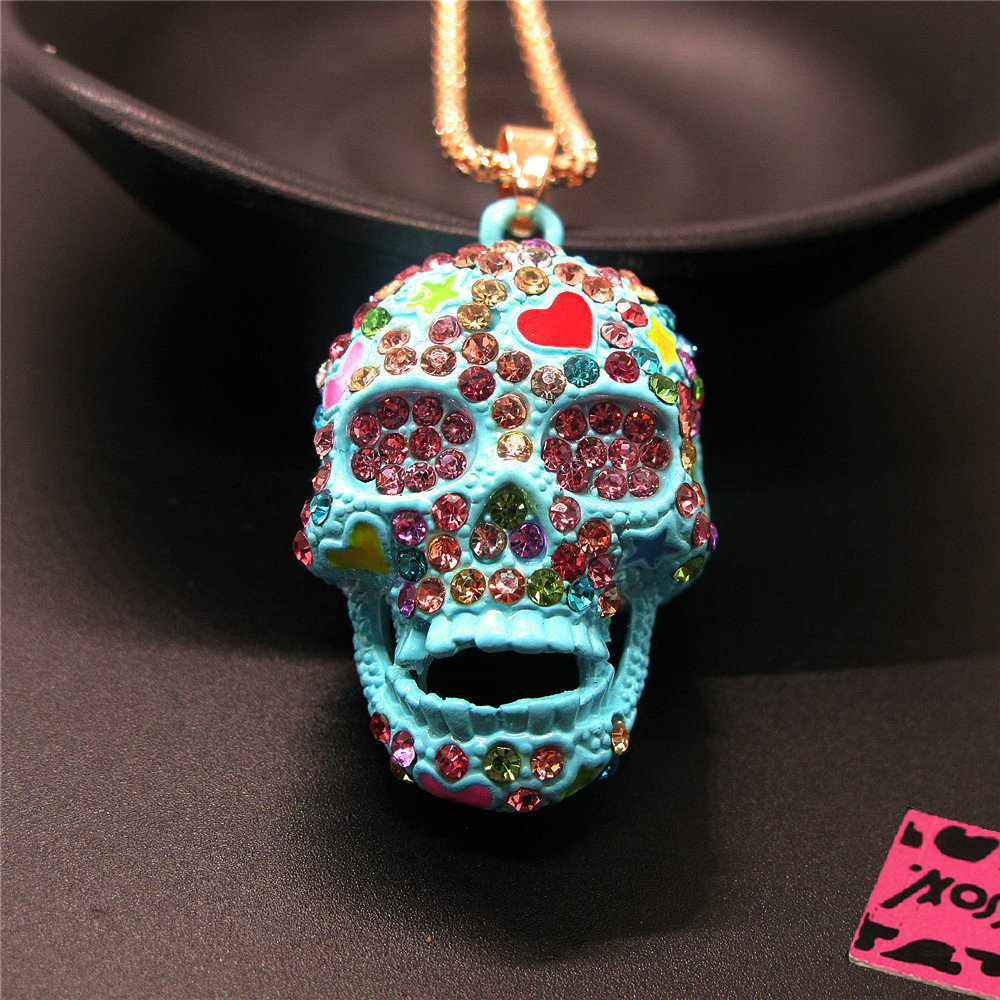 Fashion Women Blue Rhinestone Cute Enamel Love Skull Pendant Chain Necklace