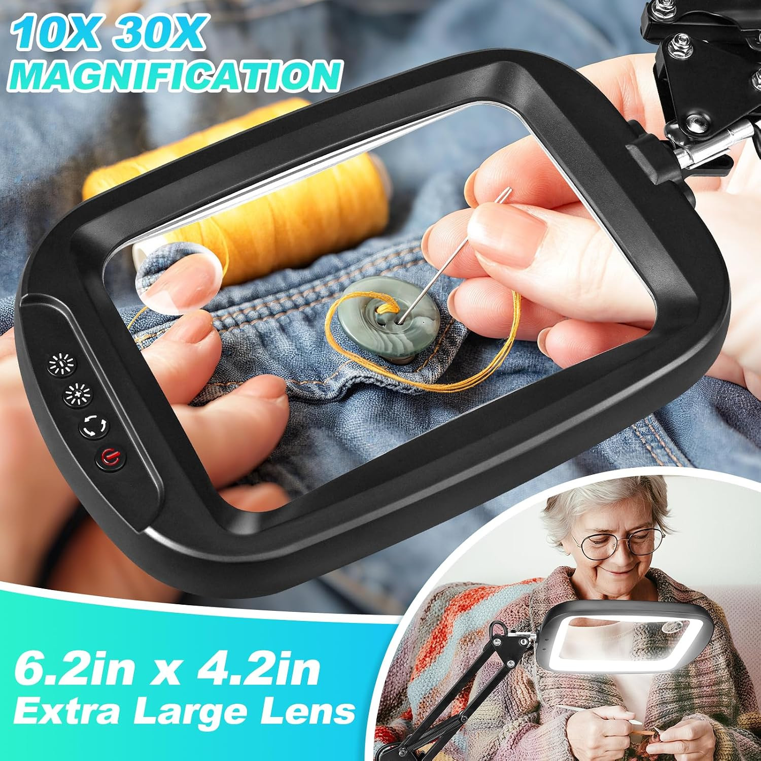 10X 30X Extra Large Magnifying Glass with Light and Clamp, Rectangle Hands Free