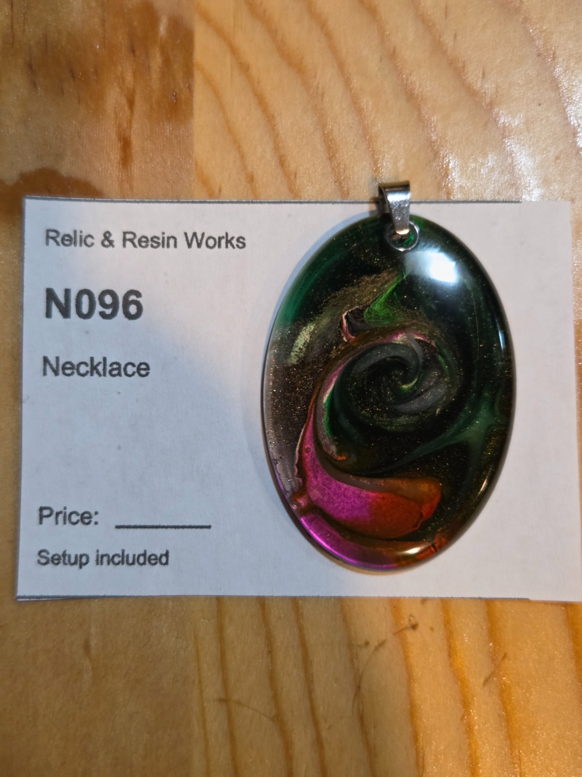 OOAK Handmade Resin Oval Pendant Green Black Multicolor Swirl Glitter N096