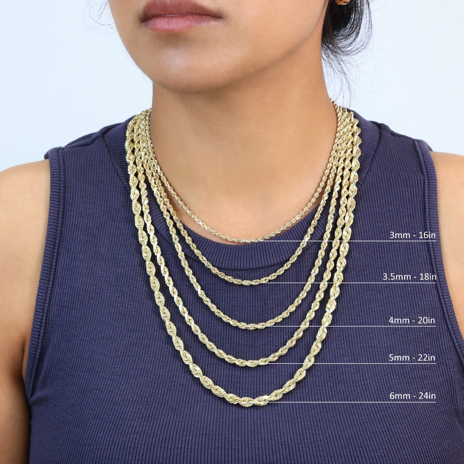 14K Yellow Gold Diamond Cut Rope Chain Necklace 1.5mm – 5mm, Men Women 16″- 30″
