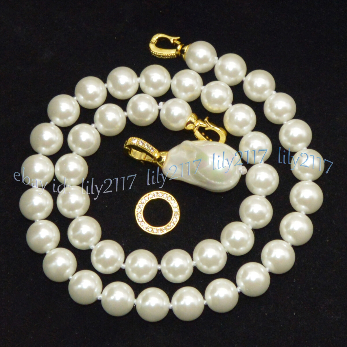 8/10/12/14mm White South Sea Shell Pearl Round Beads Baroque Pendant Necklace