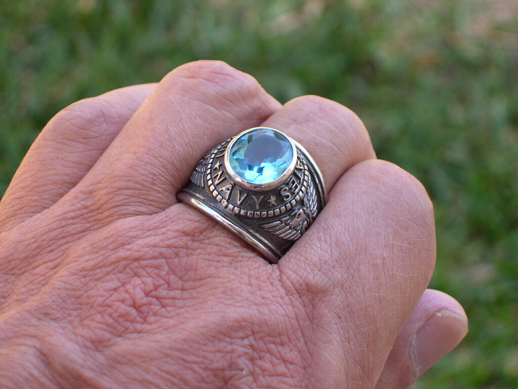 United States Navy Military Aqua March Birthstone Stainless Steel Men Ring 7-14