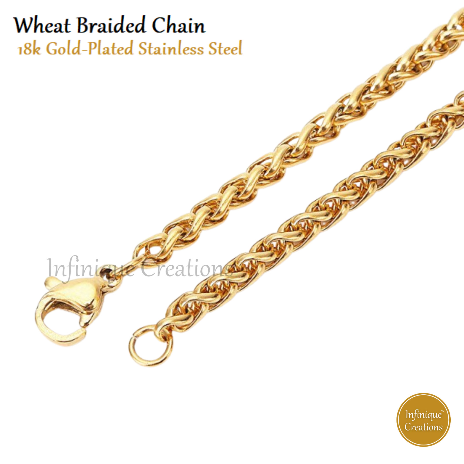 Stainless Steel Wheat Braided Chain 18K Gold Plated 7-38″ Men Bracelet Necklace