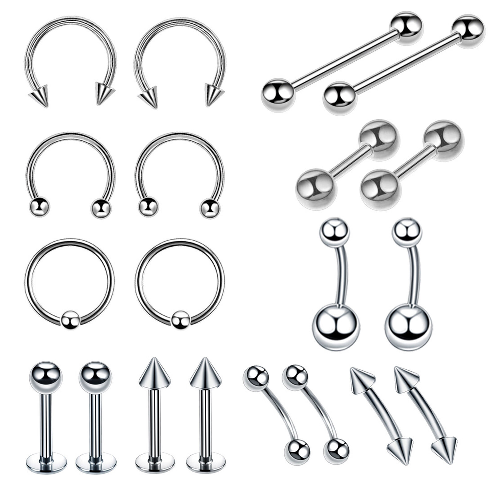 Mixed Body-Piercing Kit Navel Nose Tongue Ring Eyebrow Lip Ear Studs Jewelry Set