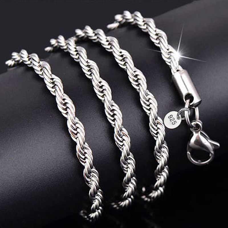 3mm 925 Sterling Silver P/L ITALY Rope 22″ Chain Necklace men women male female