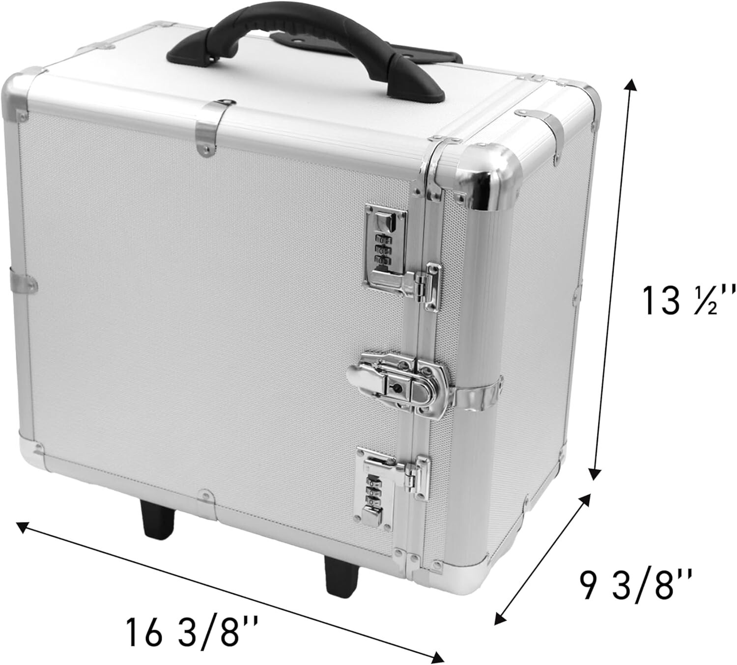Aluminum Jewelry Storage Organizer Case w 12 Black Trays Rolling 16 3/8″ Lock