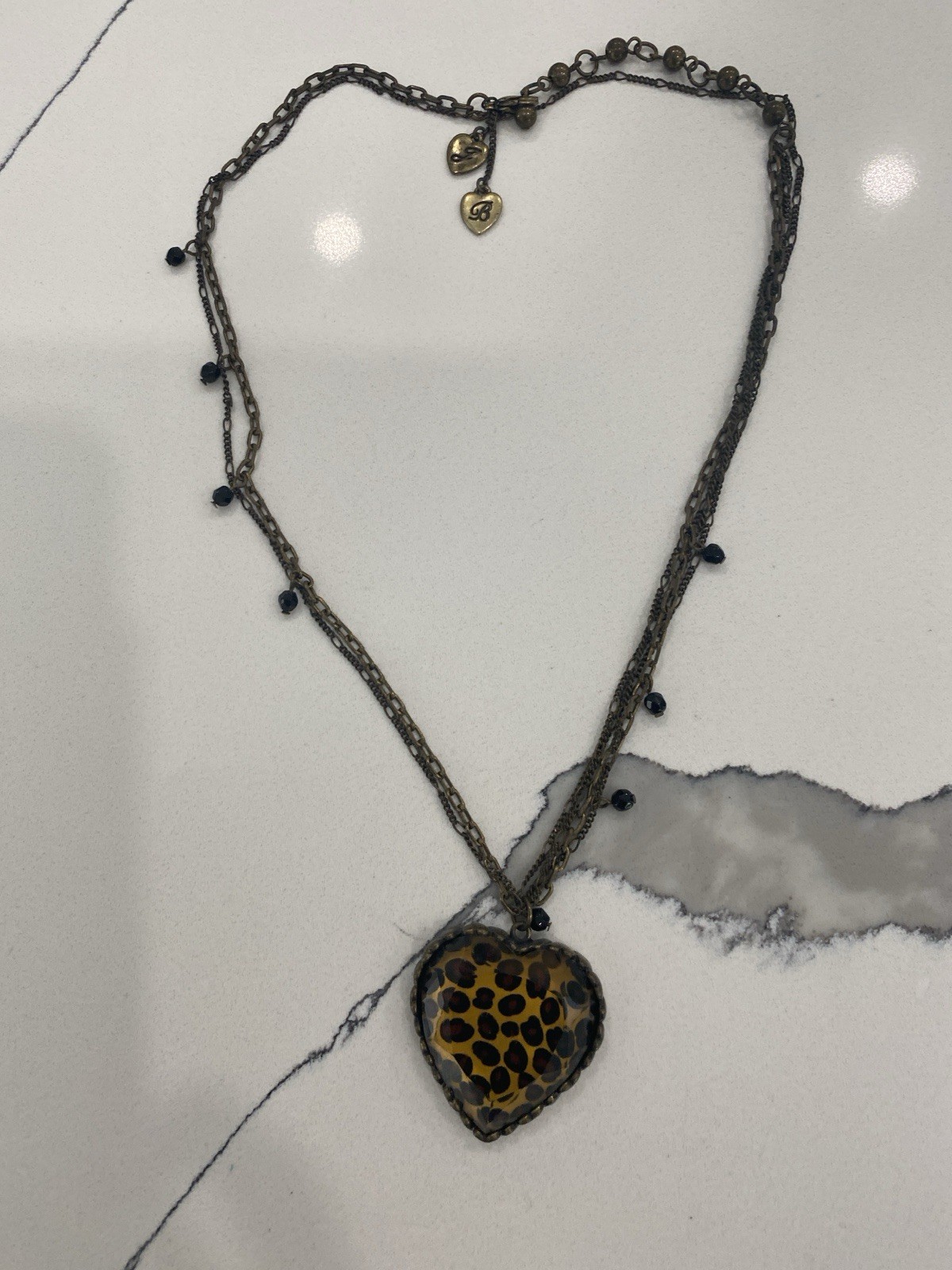 Betsey Johnson Multi Chain Leopard Heart Pendant Necklace Black Beads 17 to 19