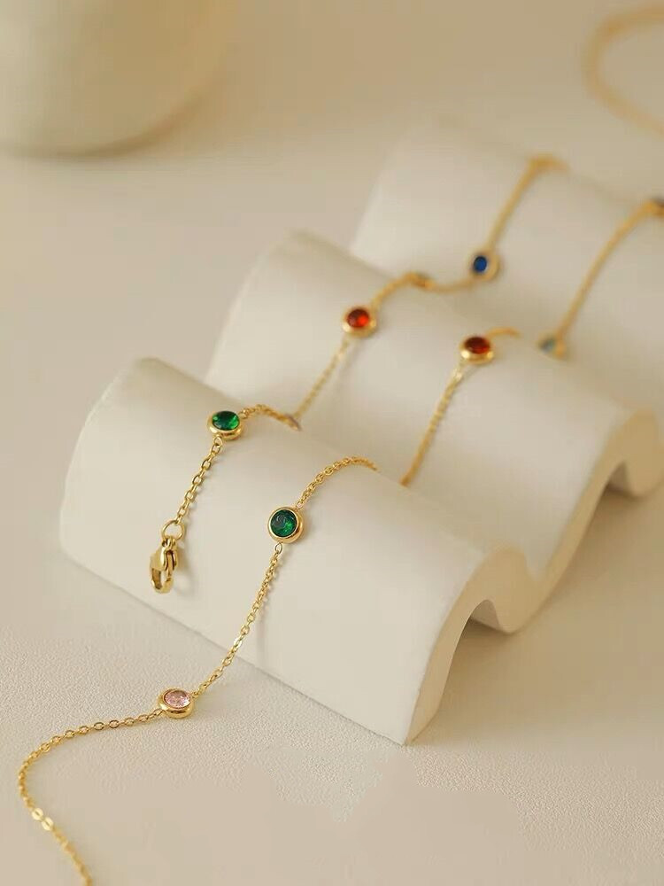 Woman 18K Gold Plated Stainless Steel Multicolor CZ Necklace Chain/Bracelet