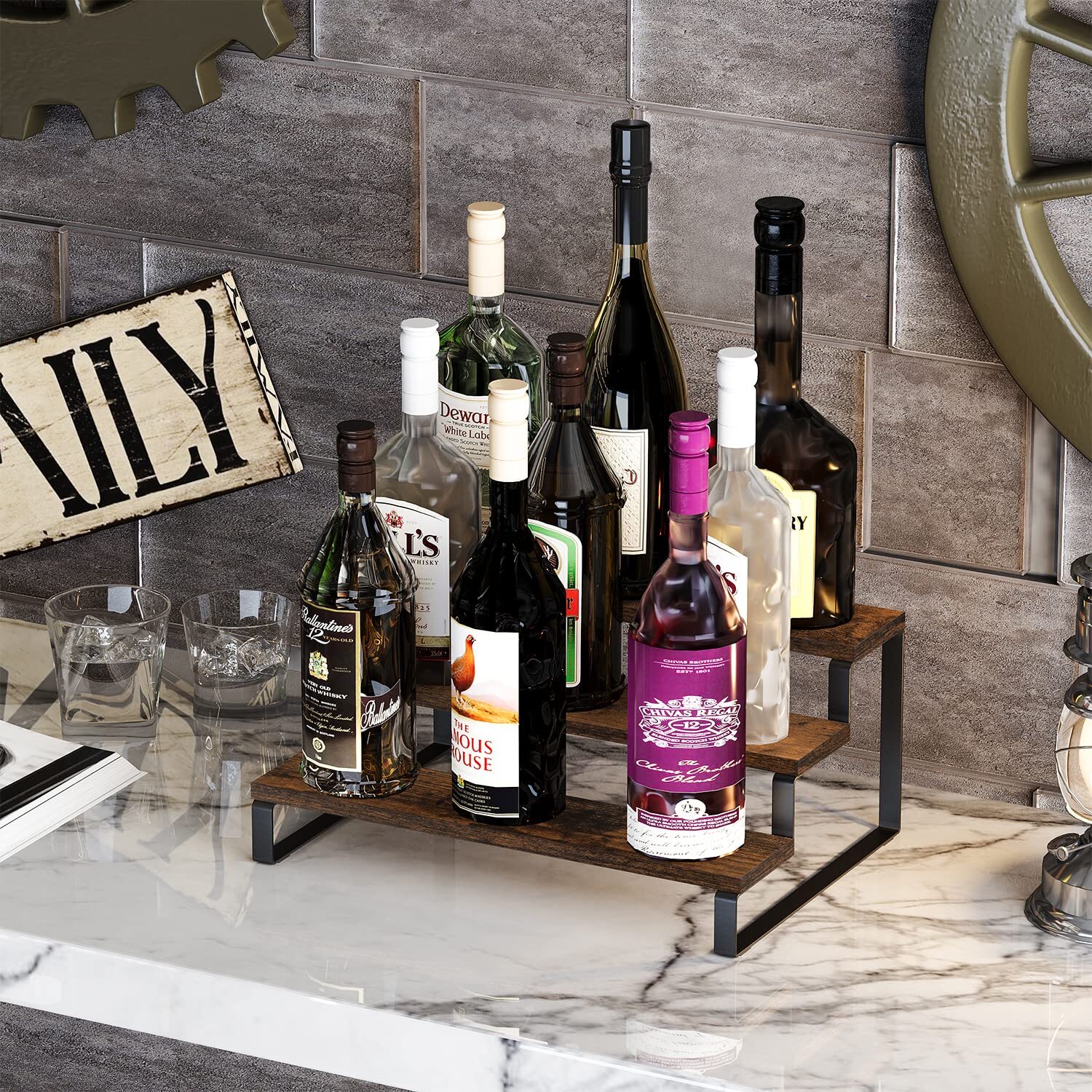 Wooden Display Riser Shelf, 3 Tier Kitchen Counter Shelf Spice Rack Organizer