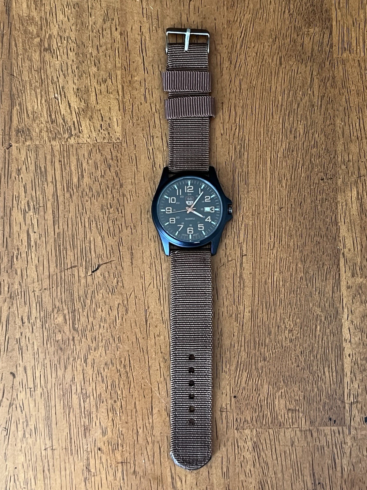 SOKI Military Style Quartz Watch Day Date Black PVD Runs Great Lume NATO Strap