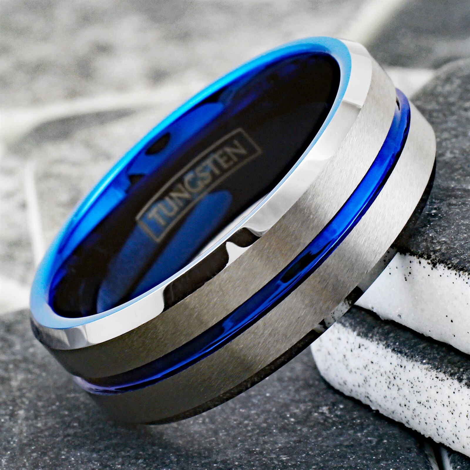 Tungsten Carbide Men’s Ring Brushed Silver Thin Blue Line Wedding Band Jewelry