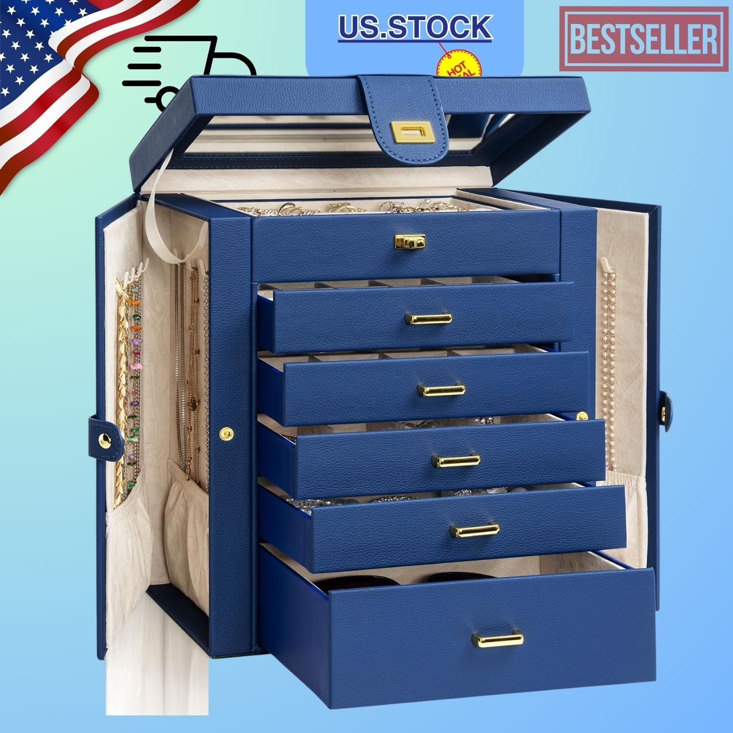 AKOZLIN 6 Tier Jewelry Box Organizer with Mirror and 5 Drawers