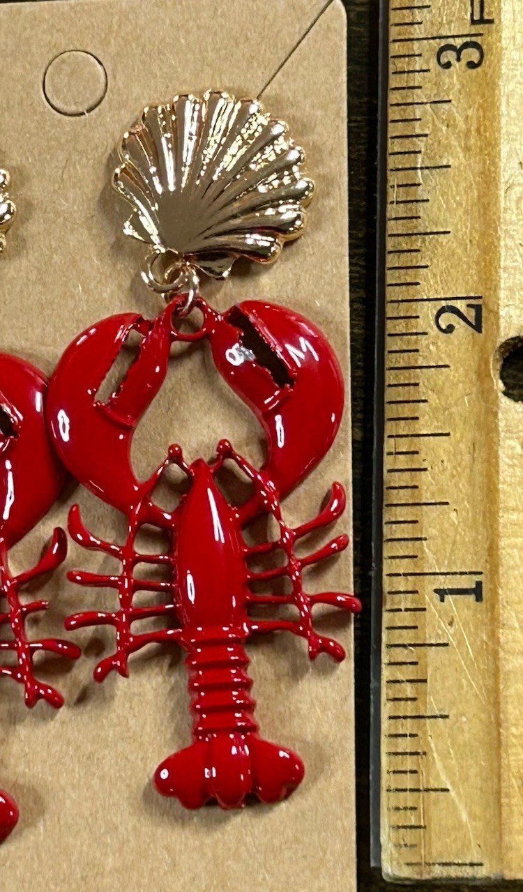 Beautiful Yellow Gold Plated & Red Enamel Lobster Crawfish Stud Earrings Dangle
