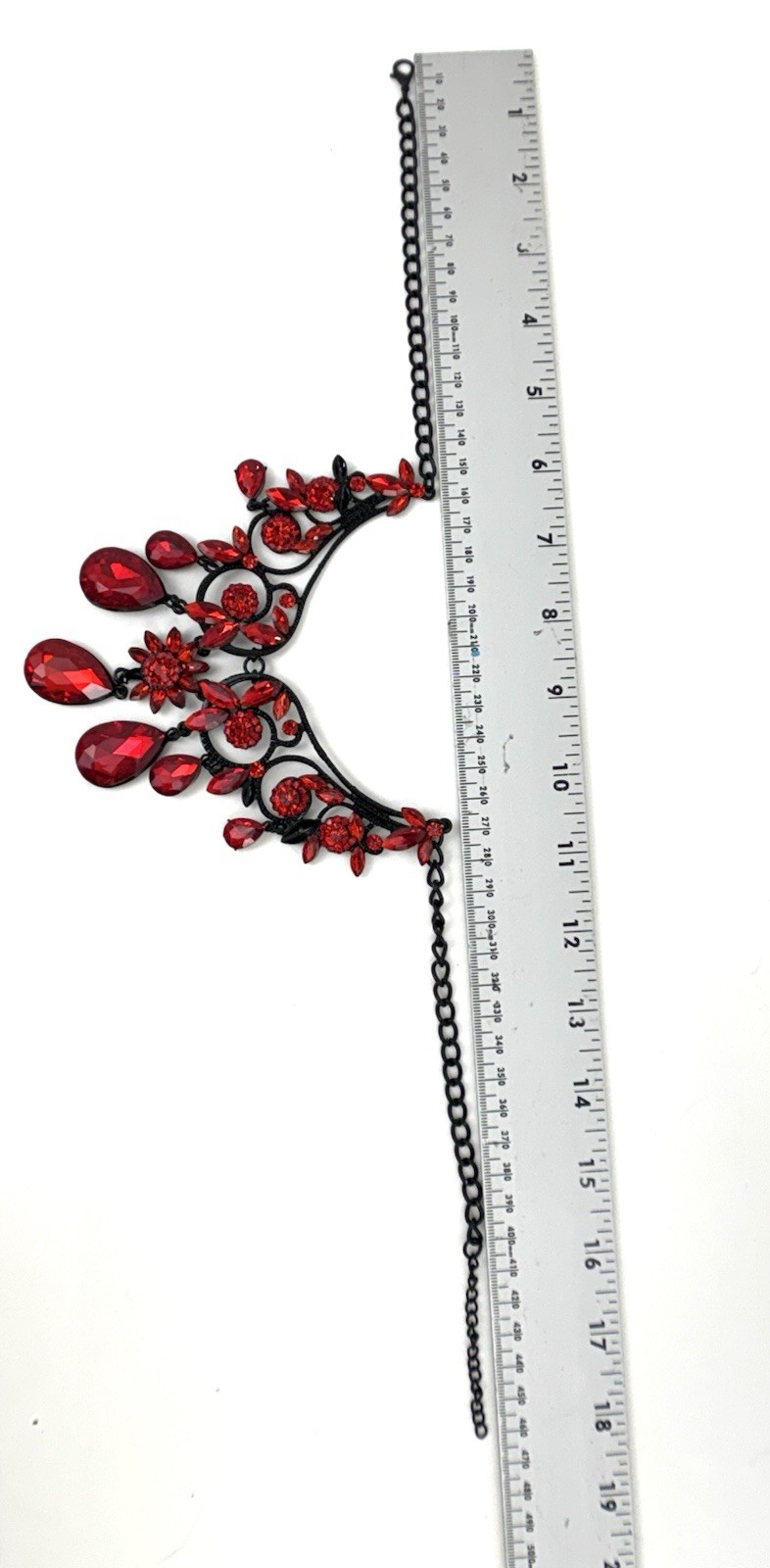 Black Tone Red Rhinestone Gothic Statement Bib Necklace Crystal Teardrop 18-21″