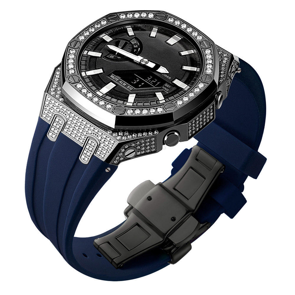 Bling Diamond Stainless Steel Case + Rubber Strap AP MOD KIT for G-SHOCK GA-2100